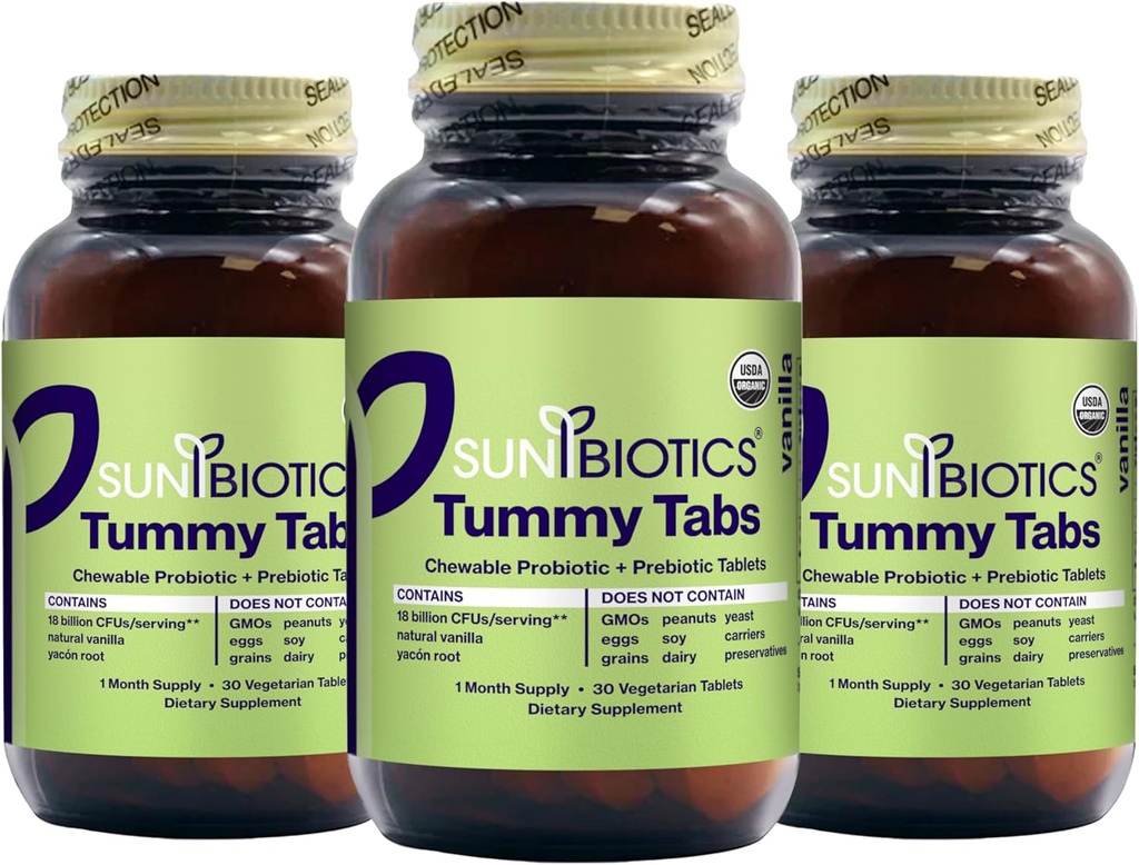 SUNBIOTICS Tummy Tabs - Tablete probiotice și prebiotice masticabile cu 18 miliarde de CFU de 4 tulpini probiotice pentru Flora Bună Gut, Sistemul imunitar, și echilibrat Microbiom - Vanilie, (Pachet de 3)