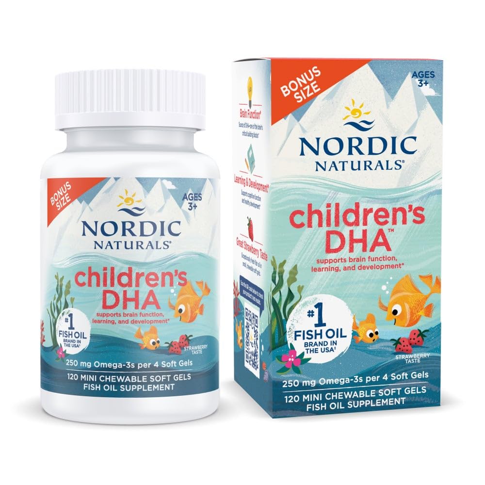 Nordic Naturals Childrens DHA, Căpșuni - 120 Mini Geluri moi masticabile pentru copii - 250 mg Omega-3 cu EPA & DHA - Dezvoltarea și funcția creierului - Non-GMO - 30 Serviri