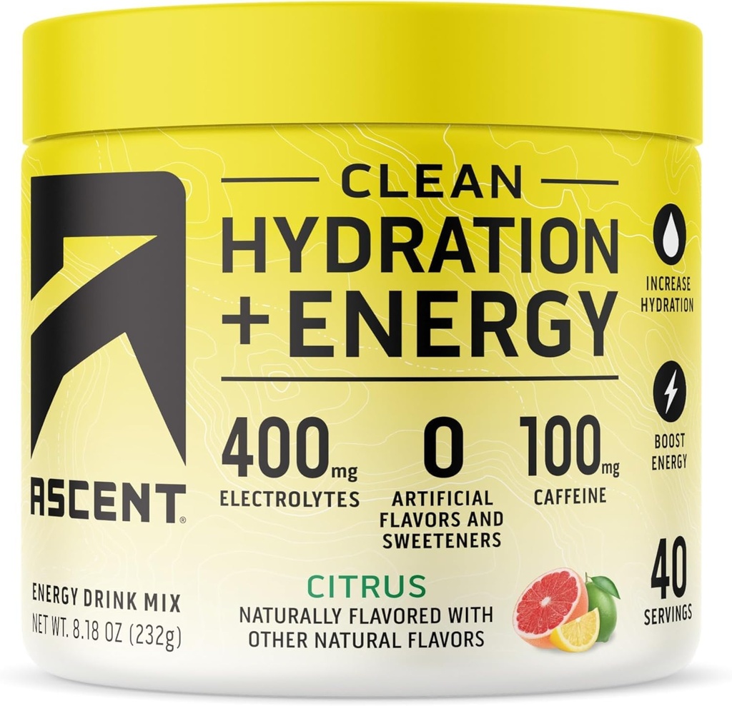 Hidratare curată a ascensiunii + energie Electroliti pulbere - 100mg Cafeina, 400mg Electroliti, Nu Ingrediente artificiale, Citrus 40 Serviri