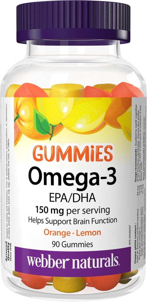 Webber Naturals Omega-3 Gume 50 mg EPA/DHA · EPA/DHA, Orange · Cherry · Lemon, 90 Gume