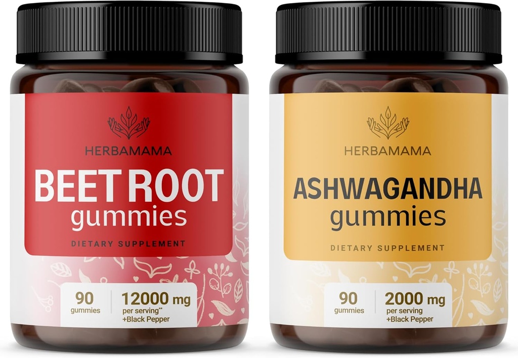 HERBAMAMA Beet Root and Ashwagandha Kit - Bundle of 12000 mg Beet Root with Black Pepper & 2000 mg Ashwagandha Root Gummies - Vegan, Gelatină-Free, Non-GMO