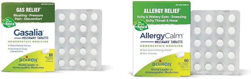 Boiron Gasalia Tablets 60 Count and AllergyCalm Tablets 60 Count for Relief from Gas, Bloating, Alergies, and Hay Fever