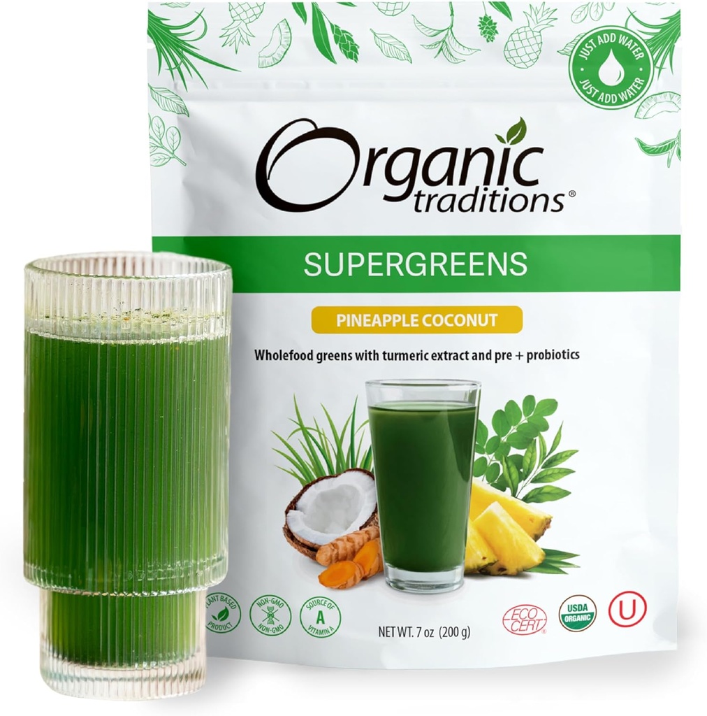 Traditii organice Super Greens Powder Superfood cu Turmeric, Ananas nuca de cocos arostat Greens organice Superfood Powder, 200g / 7oz Bag
