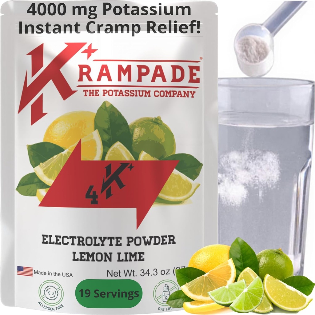 Krampade Original Lemon Lime 4K, 4000 mg Potasic Instant Cramp Relief Electrolyte Drink Powder 