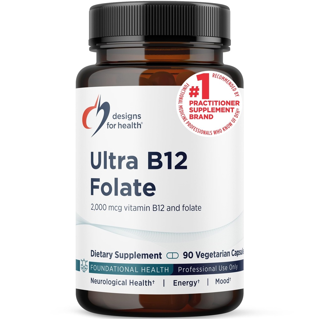 Design-uri pentru sănătate Ultra metilat B12 + Folat de metil - Vitamina B12 Metilcobalamină și supliment de Folat, Adenosilcobalamină & 5-MTHF pentru Nervi, Energie celulară + Suport de metilare (90 capsule)