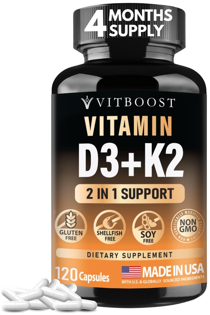 VITBOOST Vitamina D3 K2 Complex - Ușor de înghițit - Vitamina D (D3) 5000 UI (125 mcg) & K2(MK-7) 90 mcg 