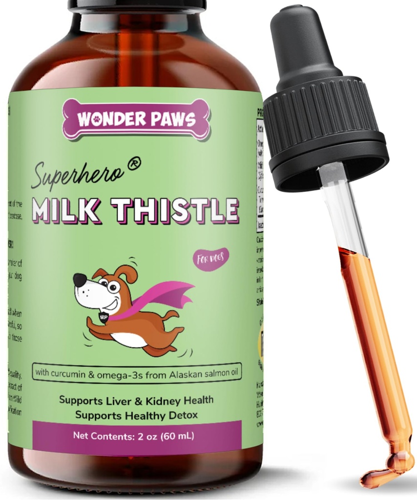 Wonder Paws Milk Thistle, Suport hepatic pentru câini, Suporte Funcţia renală pentru animale de companie, Detox, Suport hepatic, cu ulei de somon sălbatic Alaskan & Curcumin, Omega 3 EPA & DHA (2 Oz)
