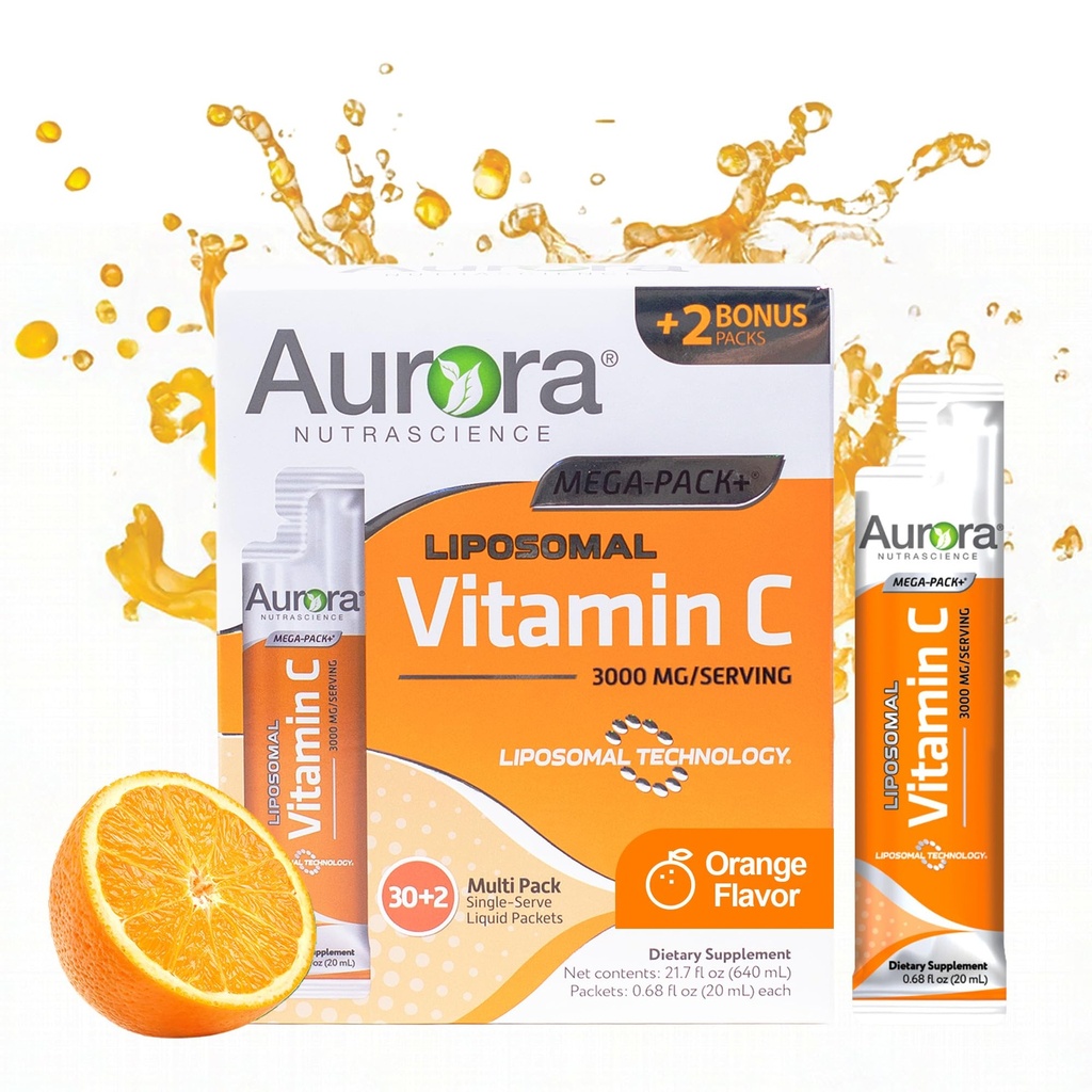 Aurora Nutrascience Liposomal lichid Vitamina C - Healthy Immune Supplement for Adulți, Zahăr gratuit, 3000 mg per Serving, Vegan, Gluten Free, Non-GMO - 32 Unic Servire Pachete, Portocaliu
