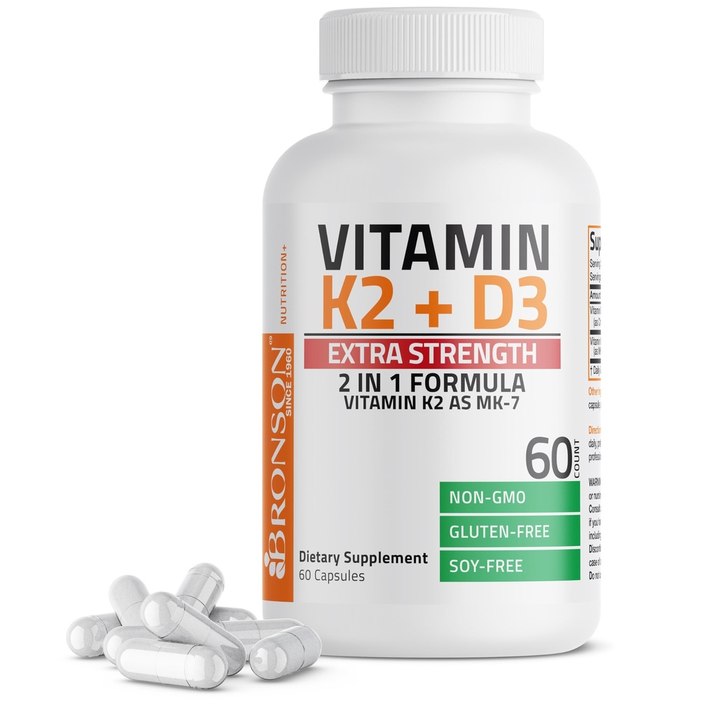Bronson Vitamina K2 (MK7) cu D3 supliment suplimentar de putere de sănătate osoasă non-GMO Formula 10000 UI & 120 mcg MK-7 Ușor de înghițit D K, 60 capsule