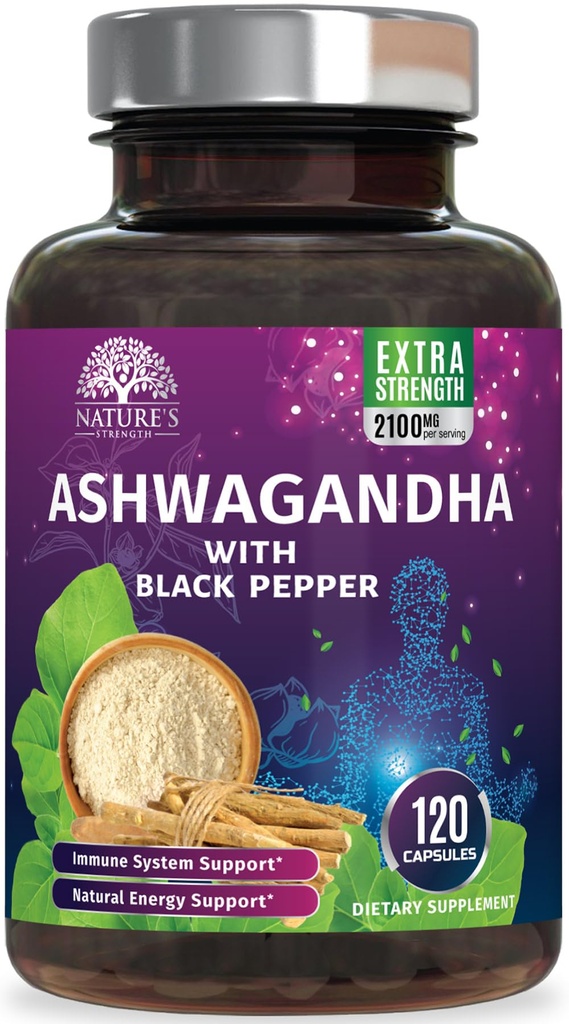 Ashwagandha Suplimente 2100mg - Extra Putere Ashwagandha pulbere si root extract cu Pepper negru pentru absorbtie maxima, Suplimente antioxidante pentru femei si barbati, Vegan, non-GMO - 120 capsule