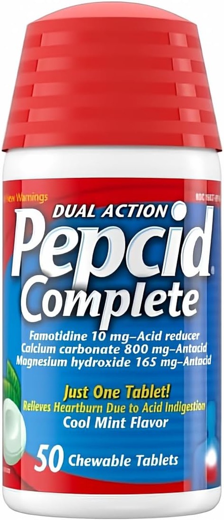 Pepcid Complete Acid Reductor + Antiacide Comprimate masticabile, Cool Mint Flavor, 50 Numărătoare de Pepcid Complete (ambalaj de 1)