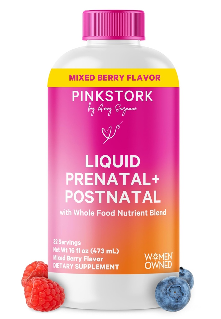 Vitamine prenatale roz Stork lichid pentru femei - Aroma de Berry - Amestec de alimente organice - Fertilitate, Sarcina, Postpartum Essentials - Suport pentru boala dimineata - Alaptarea si alaptarea - 32 Serviri