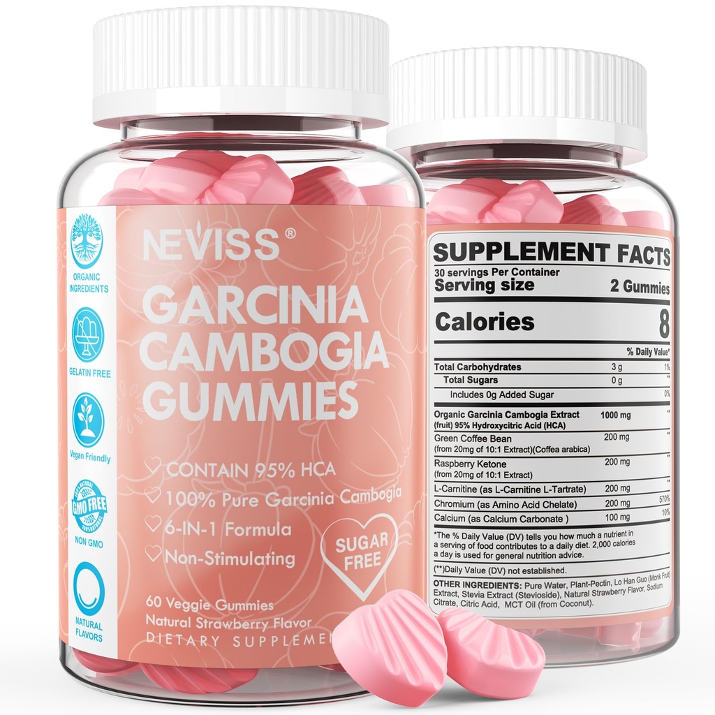 Zahăr Gratuit Garcinia Cambogia Gummies 1000mg 95% HCA Extract pur cu L-Carnitina, Cetone de zmeură, Crom, Green Coffee Bean pentru metabolism, 100% Extract organic, Vegan, aromă de căpșuni 60 Cts