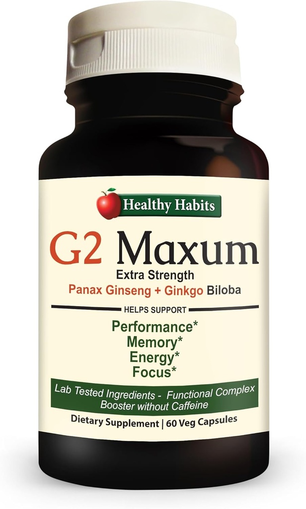 Obiceiuri sănătoase G2 Maxum Extra Putere Panax Ginseng Plus Ginkgo Biloba Blended pentru a sprijini energia și funcția cognitivă 60 Capsule veg per flacon