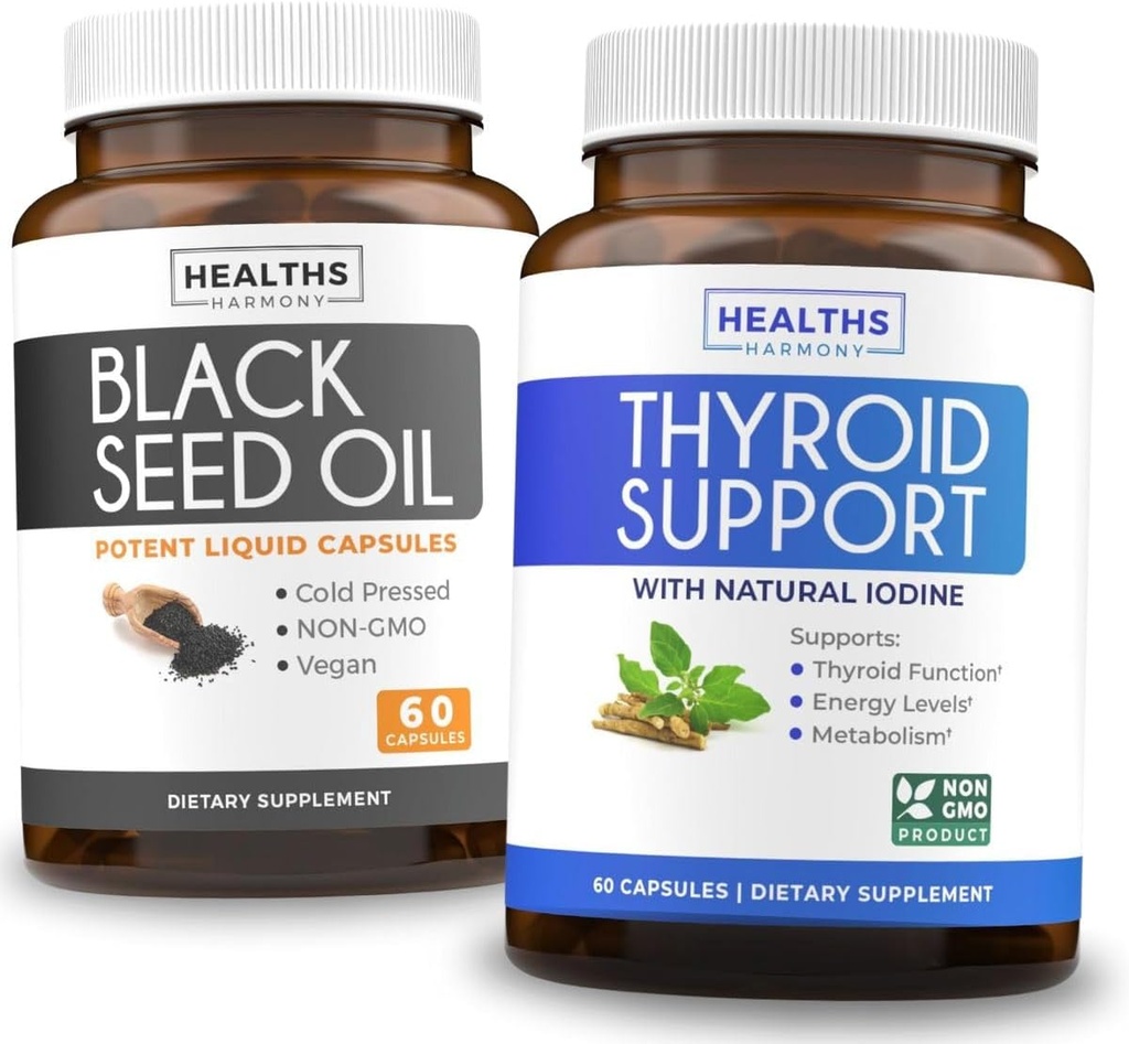 Suport tiroidian și ulei de semințe negru (1-Lonth Supply) Black Seed Tiroidal Boost - Suport tiroidian (60 capsule) Suplimentul de sănătate și ulei de semințe negru (60 capsule) Nigella Sativa - Non-GMO