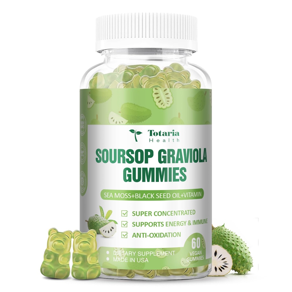 Totaria Sugar Free Soursop Oil Graviola Sea Moss Gummies - Suport Digestive Sleep Skin Health, Imunity & Antioxidant - Guanabana Fruit with Sea Moss, 150mg Black Seed Oil Organic Non-GMO Vegan