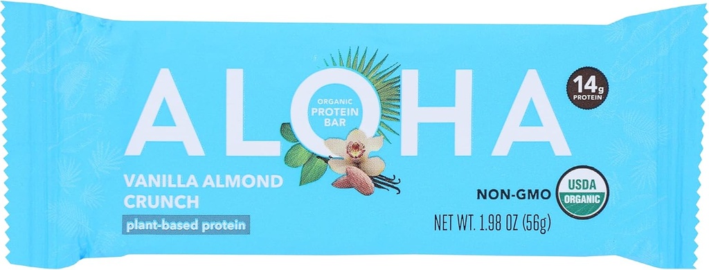 Aloha Organic Vanilla Almond Crunch Proteine Bars, 14g Plant-Based Proteine, USDA Certified Organic, Gluten Free & Non-GMO, 1.9 Oz (Pachet de 12)