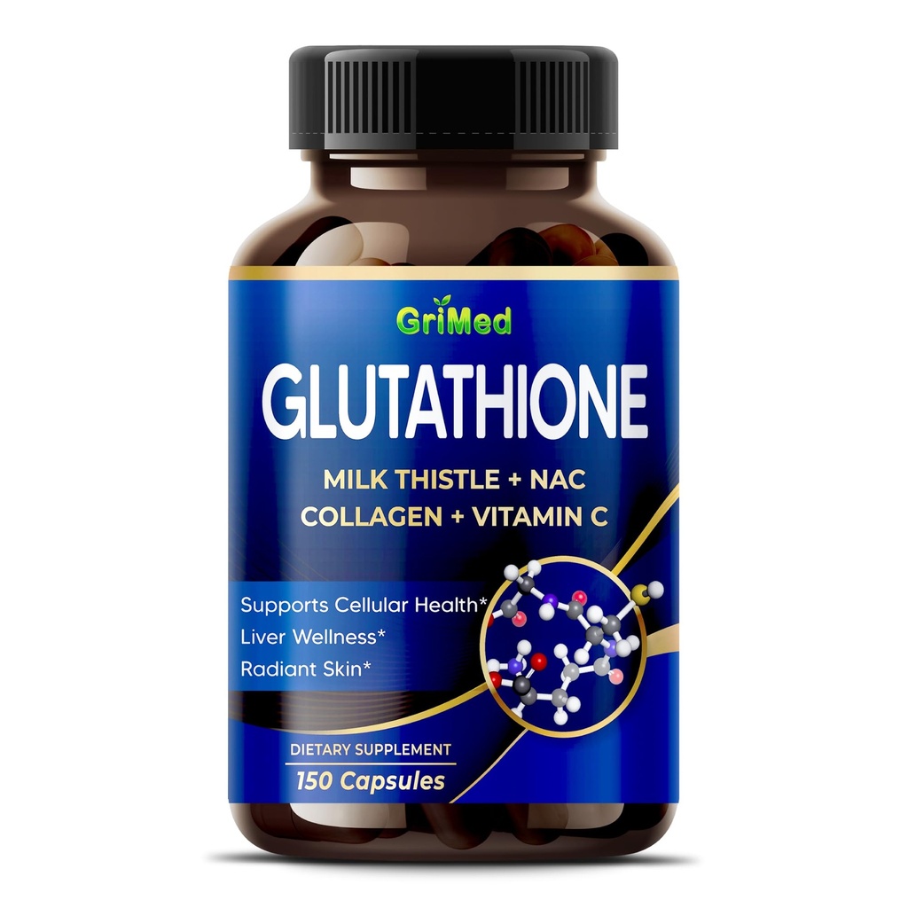 GriMed Glutatione 1200mg - X10 Power with Milk Thistle, NAC, Colagen, Vitamina C - Cellular Wellness, Radiant Skin - USA Made & Testat (150 Count (Pachet de 1)