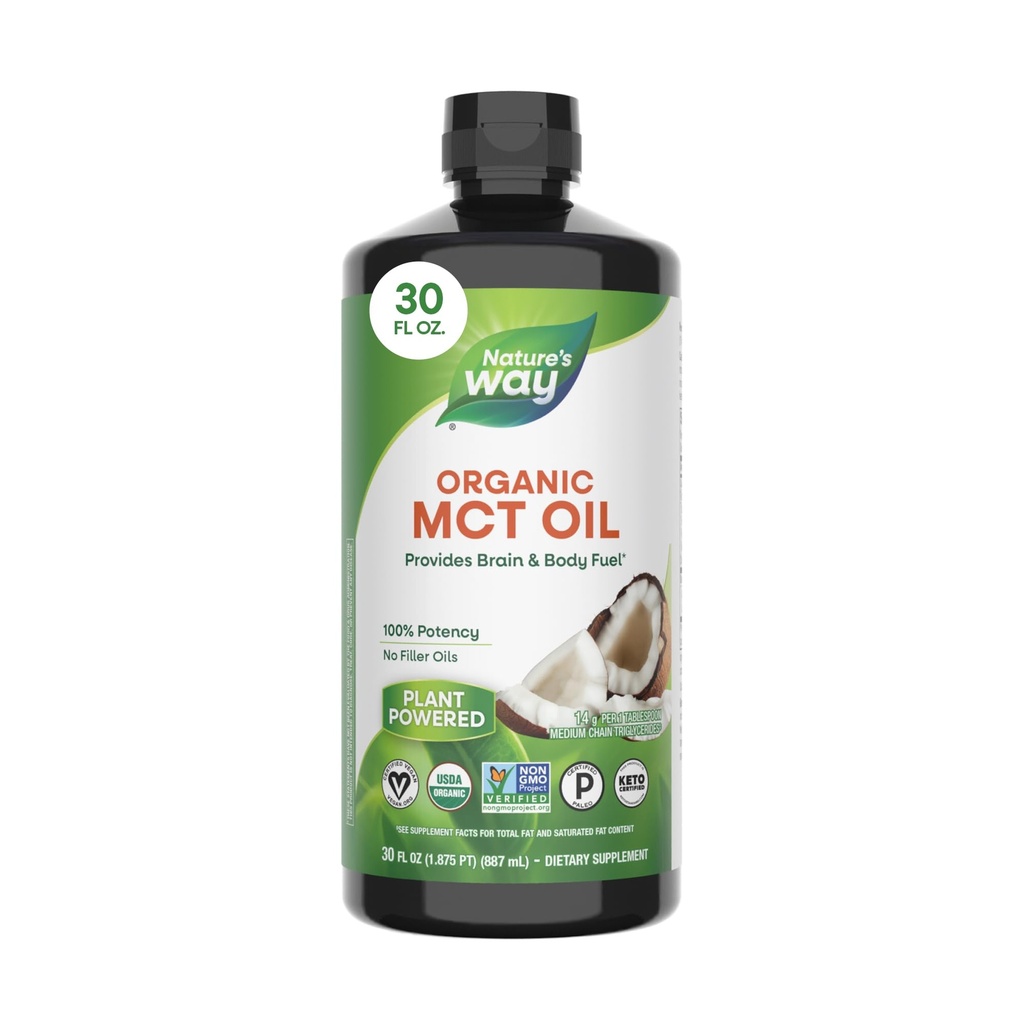 Natura's Way Organic MCT Oil, 30 Fl Oz, Brain and Body Fuel from Coconuts*, C8 Caprylic Acid and C10 Capric Acid, Keto and Paleo Certified, Organic, Non-GMO Project Verified