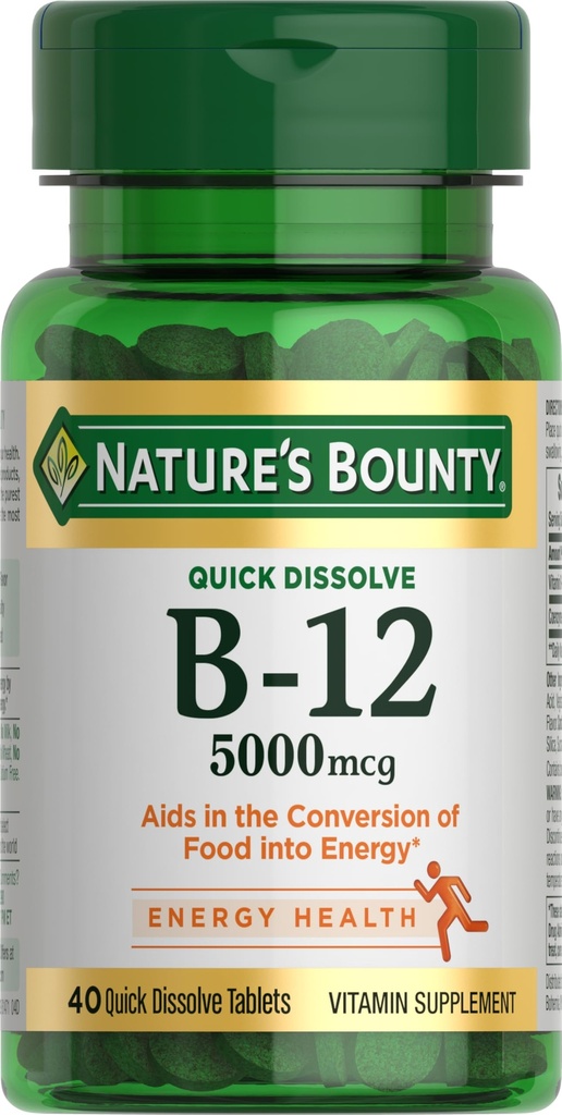 Natura's Bounty Vitamina B12, suporta energie metabolice și sistemul nervos de sănătate, 5000mcg, 40 comprimate rapid dizolvare