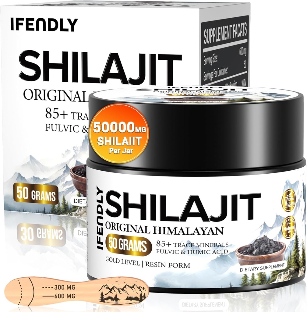Shilajit Resin, Shilajit pentru bărbaţi şi femei, Shilajit Organic - 600 mg Potency Gold Grad, cu 85+ Trace Minerale, Fulen & Acid Humic, pentru rezistenţă, Imunitate & Putere, 83 Servings (50g)
