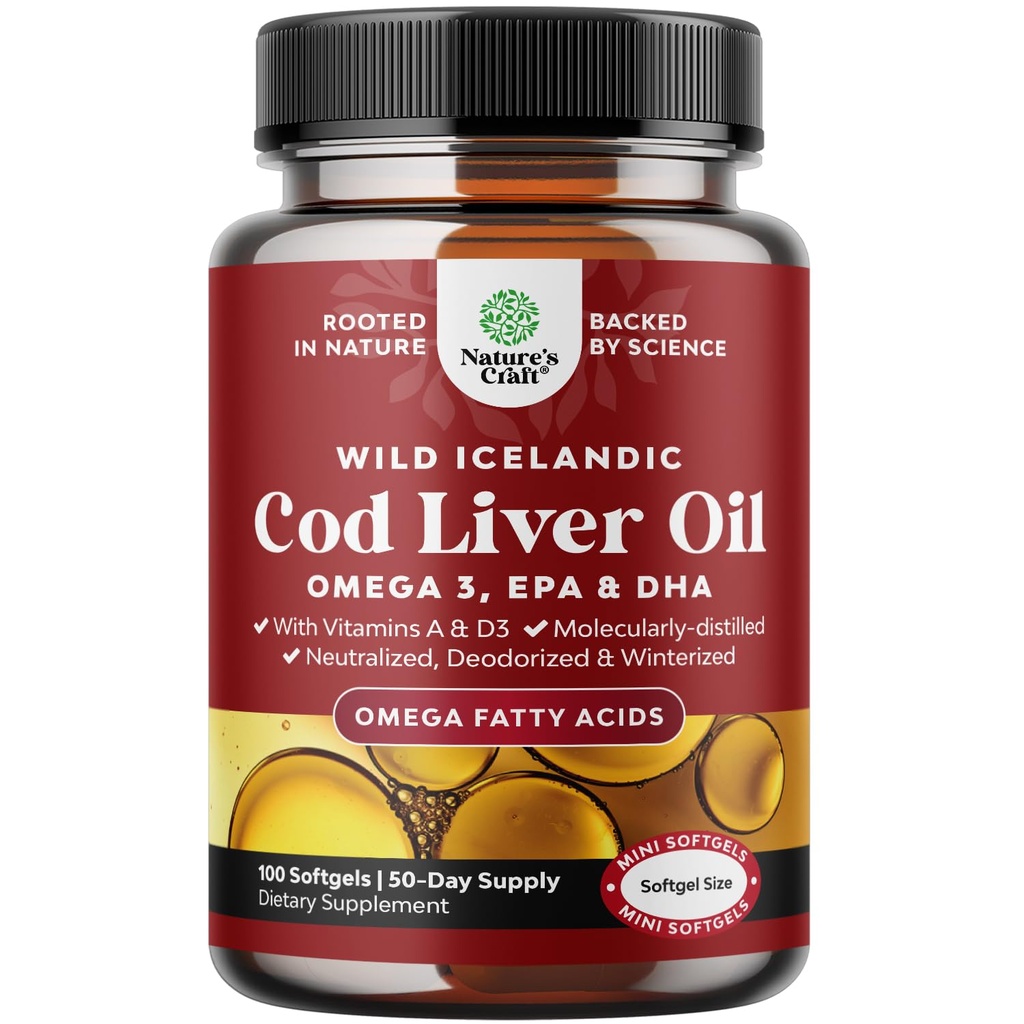Islanda Wild Caught Cod ulei de ficat Softgels - pește Omega 3, EPA, DHA, vitamina D & A, 1000 mg per servire - capsule fără burpless pentru inimă, comun, Brain & Immune suport - 100 Conte