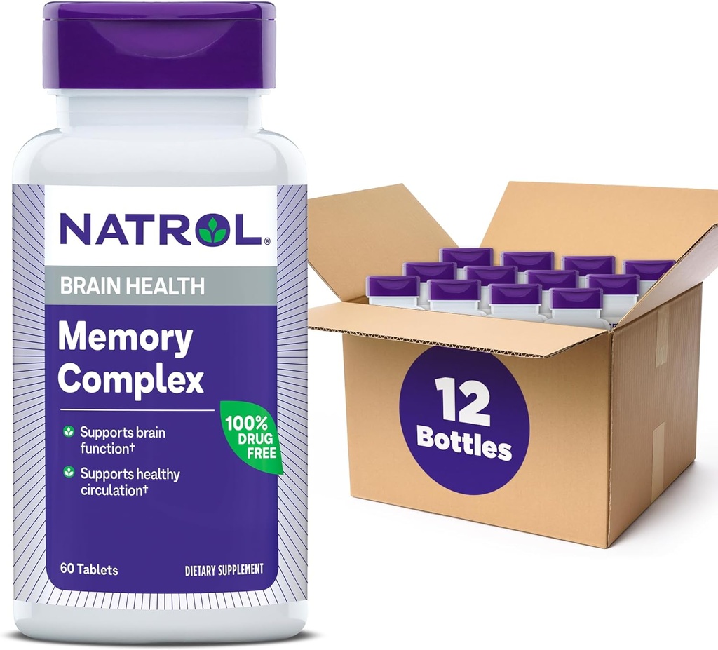 Natrol Memory Complex cu Ginkgo Biloba 120mg și vitamine B, Supliment alimentar pentru sănătate cerebrală și suport de memorie, 60 comprimate, 30 zile de aprovizionare (Pachet de 12)