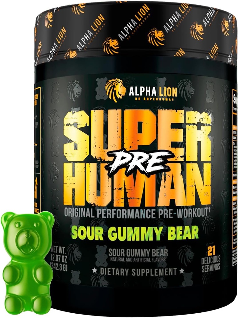 ALPHA LION Superuman Pre Workout Powder, Beta Alanine, L-Taurine & Tri-Source Caffeine for Sustened Energy & Focus, Nitrogen oxid & Citruline for Pump (21 Servings, Sour Gummy Bear Flavor)