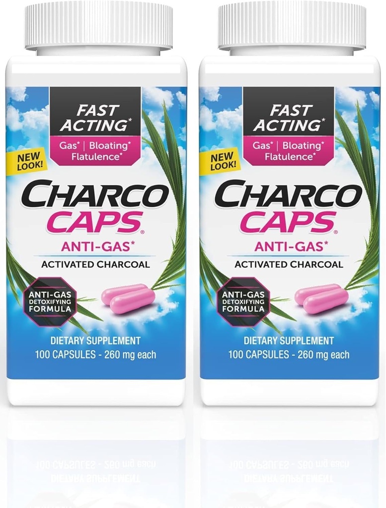 Charcocaps Relief rapid de gaz de acţiune pentru balonare şi flatulenţă, Detoxifiere fără medicamente, Formula Charcoal activat, 100 capsule, 30 zile de aprovizionare, Pachet roz de 2
