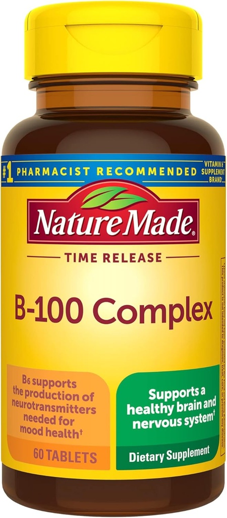 Nature Made Time Release Vitamina B-100 Complex de mare potenta B, Supliment alimentar pentru sistemul nervos de suport functie, 60 comprimate de eliberare a timpului, 60 zile de aprovizionare