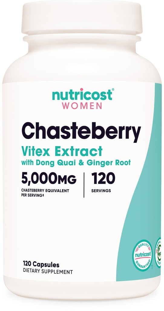 Nutricost Chasteberry Supliment pentru femei 120 capsule, 5000 mg echivalent Per Serving (de la 500mg de 10:1 extract), cu Dong Quai & Ginger Root Extract, Vegetarian, Gluten Free & Non-GMO
