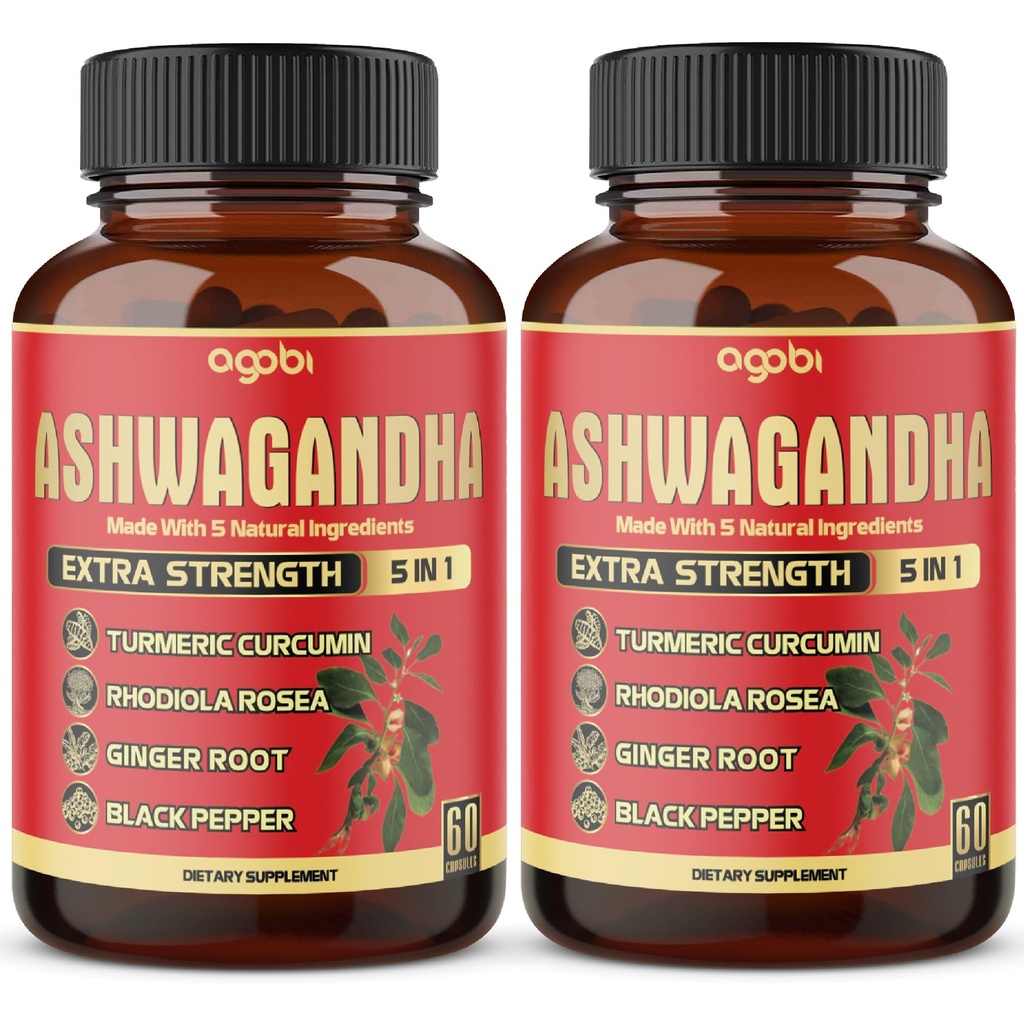 2 Pachete - 60 Capsule Ashwagandha - Capsule de mare concentrat - 5in1 Formula Ashwagandha, Turmeric, Rhodiola Rosea, Ginger, Pepper negru - 4 luni de aprovizionare