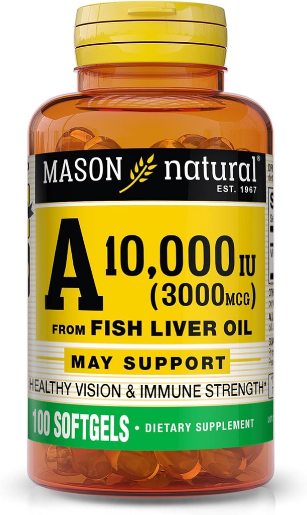MASON NATURAL Vitamina A 3000 mcg (10000 UI) din ulei de ficat de pește, susține viziune și sănătate imună, 100 Softgels
