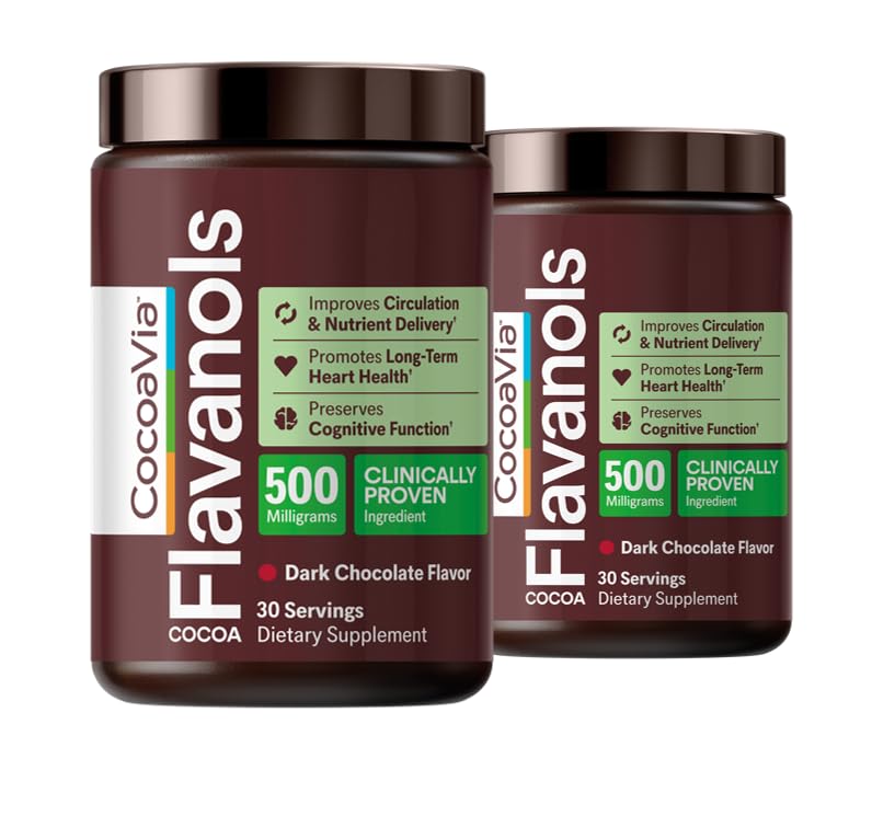 CocoaVia Cardio Health Powder, 60 Servings, 500mg Cacao Flavanols, Suport Heart Health, Boost Nitric oxid, Îmbunătăţirea circulaţiei, Energie, Preworkout, Vegan, Ciocolată Cacao închis