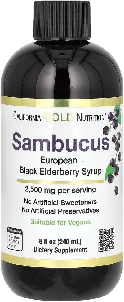 California Gold Nutrition Elderberry Syrup, Black Elderberry (Sambucus nigra) Suc concentrat, Sezonier Immune Support, No Artificial Conservatives or Sweetens, 2500 mg, 8 fl oz (240 ml)