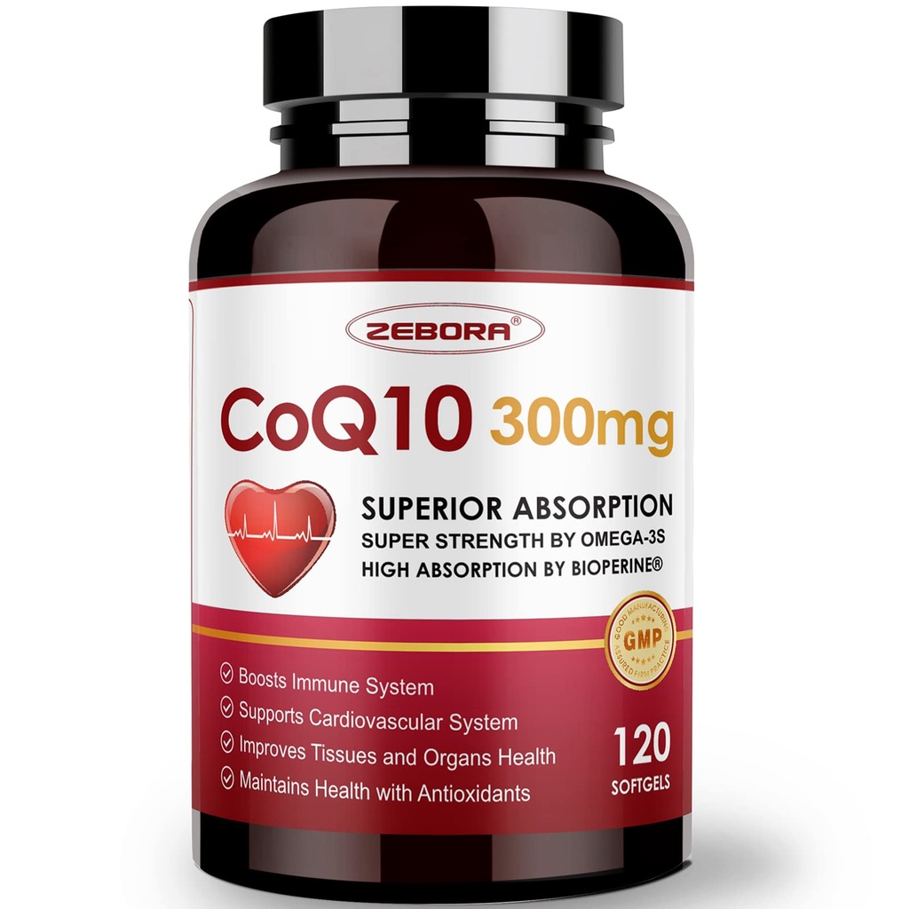 ZEBORA CoQ19-300mg-Softgels cu PQQ, BioPerine & Omega-3, 120 Servings Coenzime Q10 (Ubichinone) Supliment pentru absorbție ridicată, puternic-Antioxidant, suport inima-sănătate și energie-producție