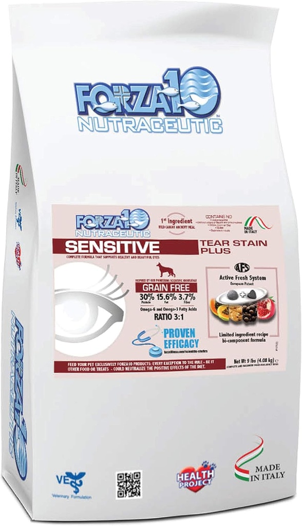 Forza10 Tear Tear Tein Grain Free Dry Dog Food, Hrană pentru câini uscat sănătos Formulat pentru a reduce Tear Stain câine, Dog Eye Care și Tear Stain Remover (9 Lire)