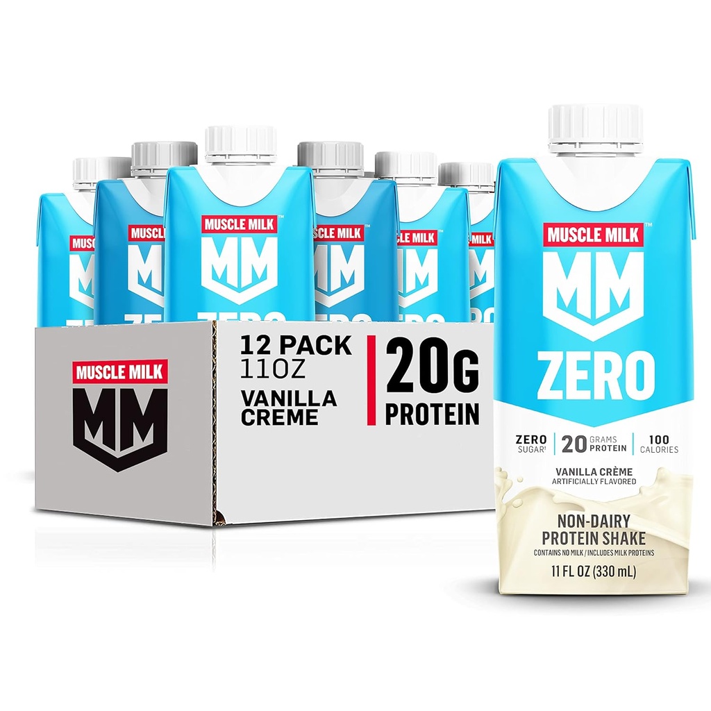 Muscle Milk Zero Proteine Shake, Vanilla Creme, 11 Fl Oz Cutie, 12 Pack, 20g Proteine, Zero Zahăr, 100 Calorii, Calciu, Vitamine A, C & D, 4g Fibră, Energizant Snack, Pack mai Vary,12 Conte (Pachet de 1)