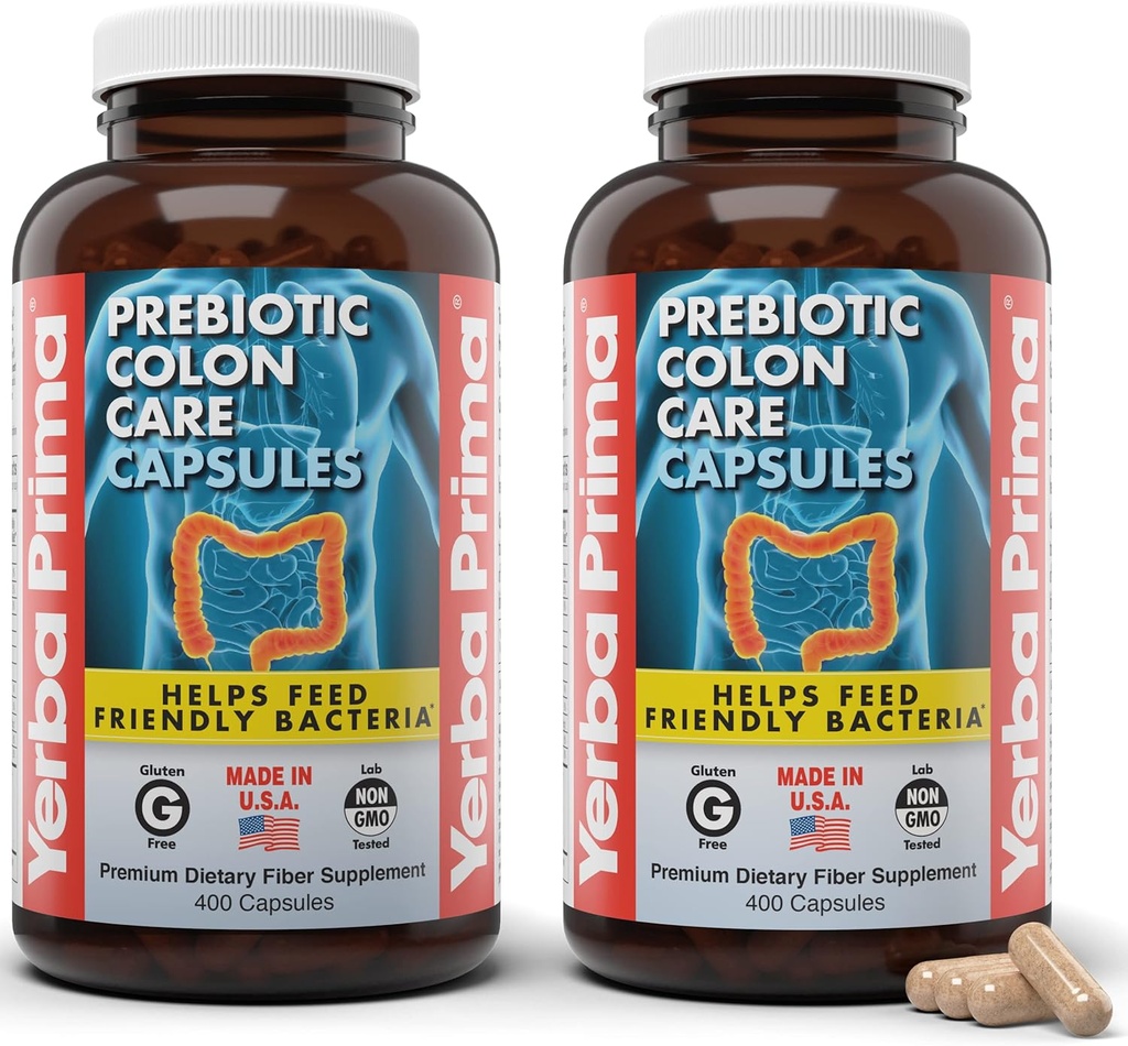 Capsule de îngrijire a colonului prebiotic Yerba Prima, 400 capsule (Pachetul de 2) - Cinci forme de supliment de fibre dietetice - fibre solubile și solubile sănătoase pentru regularitate și suport digestiv