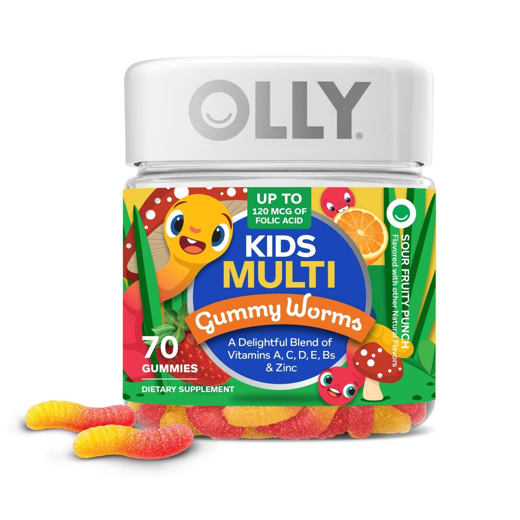 OLLY Kids Multivitamine Gummy, Global Health and Immune Support,* Vitamine and Minerals A, C, D, E, Bs and Zinc, Kids Chewable Supplement, Sour Fruity Punch Flavored, 70 or 35 Day Supply - 70 Count