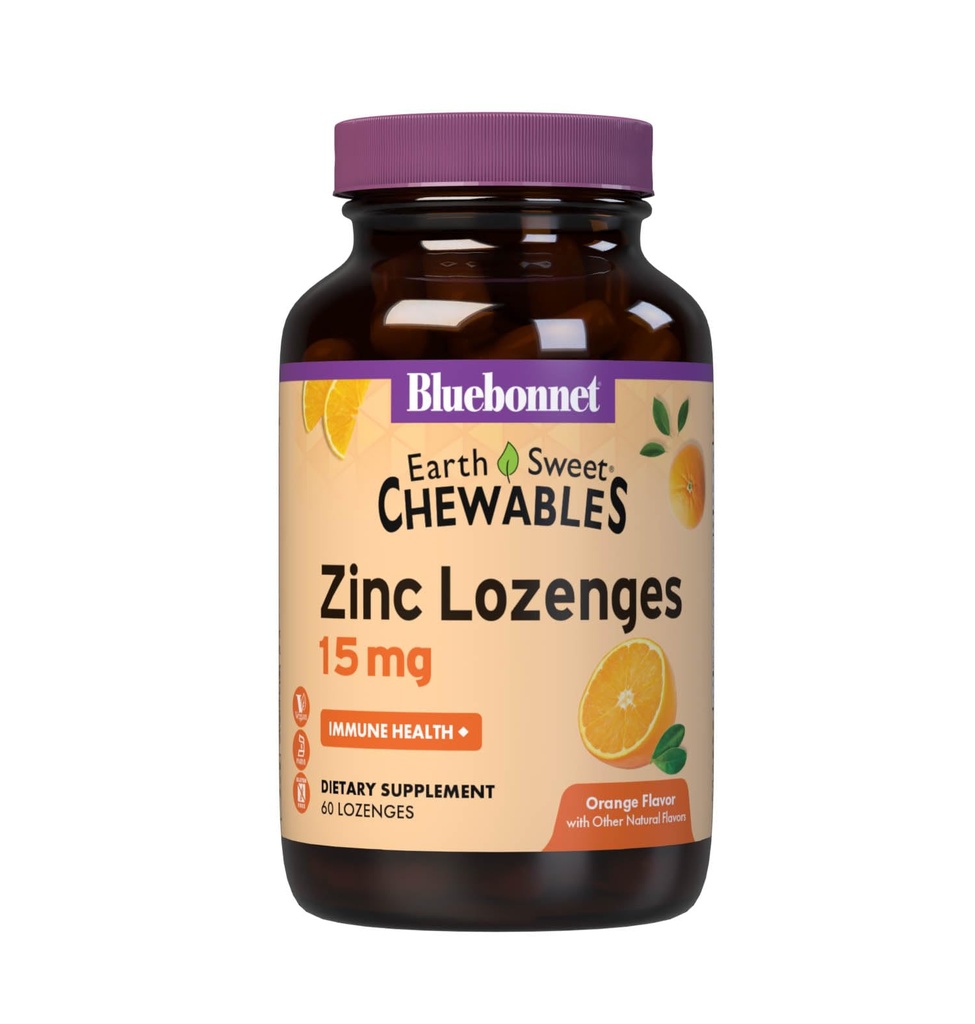 Bluebonnet Nutriție Earthweet Zinc Lozenges 15mg Chestables, Plus 100mg de vitamina C, Soy-Free, Gluten-Free, Kosher Certified, Dairy-Free, Vegan, Orange Flavored, 60 Lozenges
