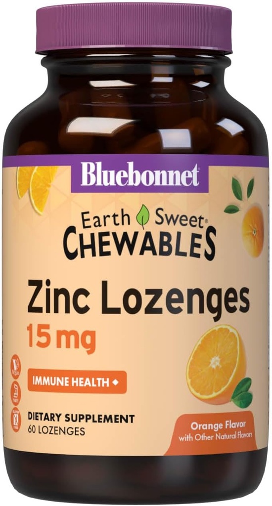 Bluebonnet Nutriție Earthweet Zinc Lozenges 15mg Chestables, Plus 100mg de vitamina C, Soy-Free, Gluten-Free, Kosher Certified, Dairy-Free, Vegan, Orange Flavored, 60 Lozenges