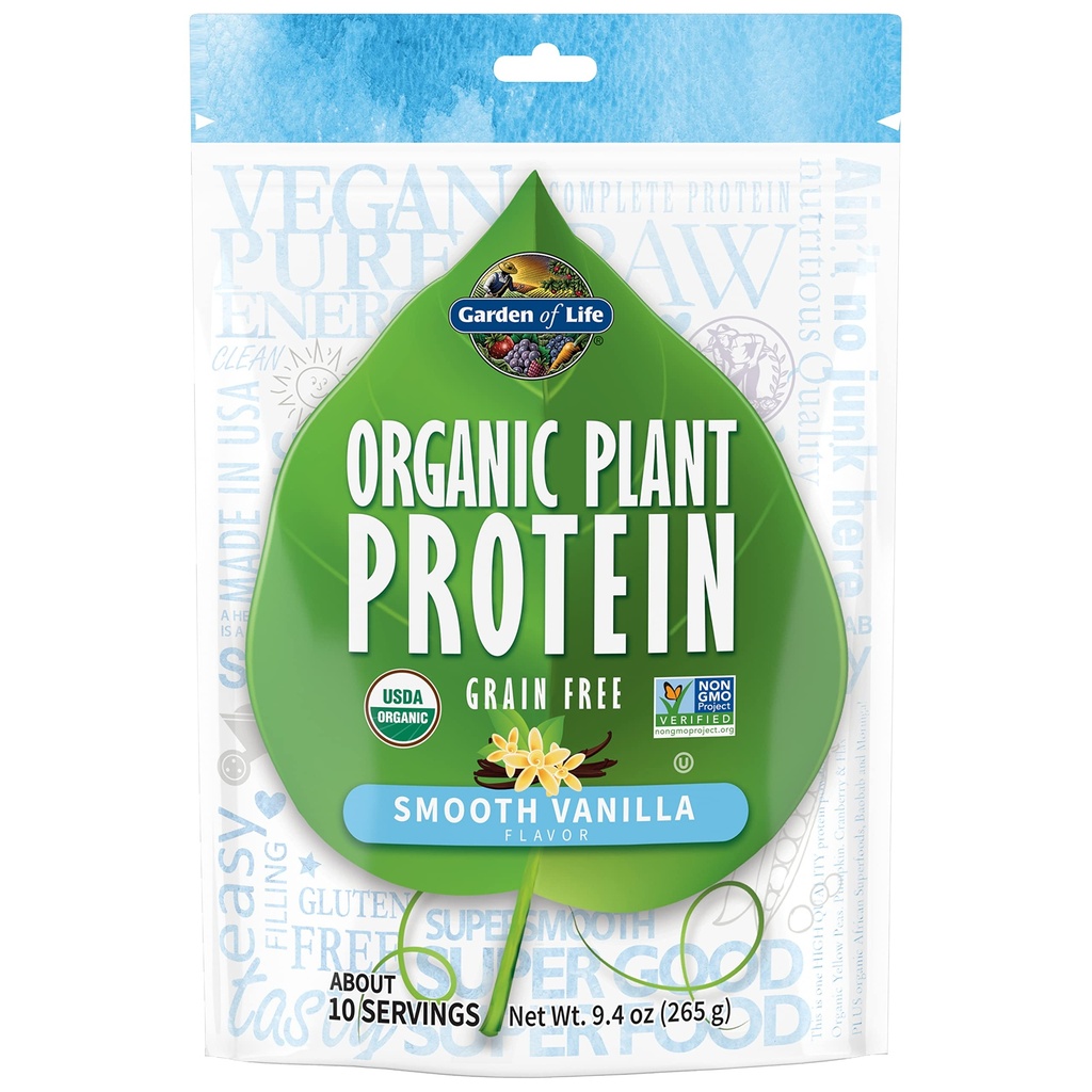 Gradina de viata Proteina de plante organice Smooth Vanilla pulbere, 10 Serviri - Vegan, Grain Free & Gluten Pe bază de plante Shake cu 1 miliard de probiotice CFU & enzime, 15g Proteina