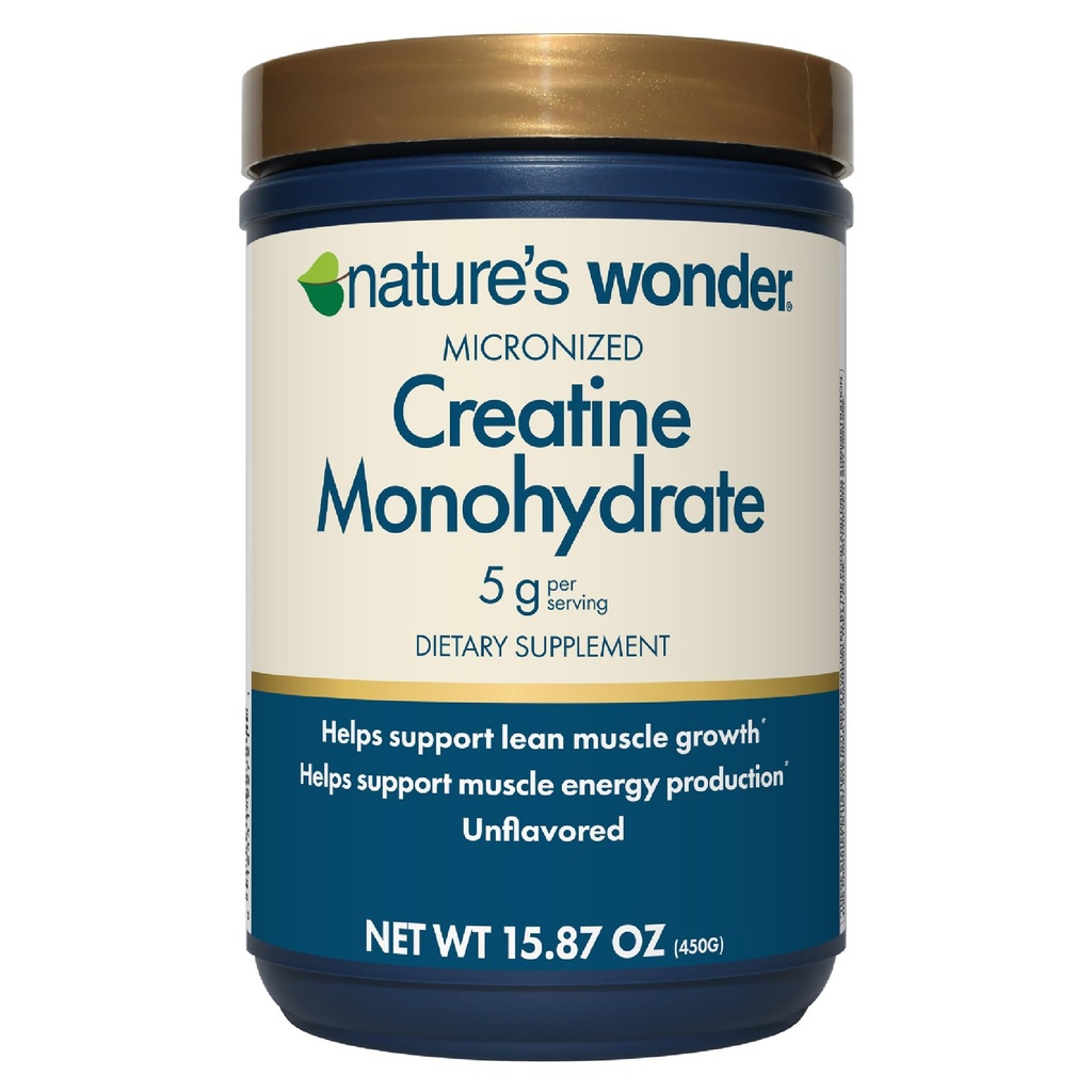 Nature's Wonder Micronized Creatin Monohidrat Powder 5g, Muscle Health, Muscle Energy Production, No Lactoză, 5g of Micronized creatine Powder per Serving, 450G, 90 Servings