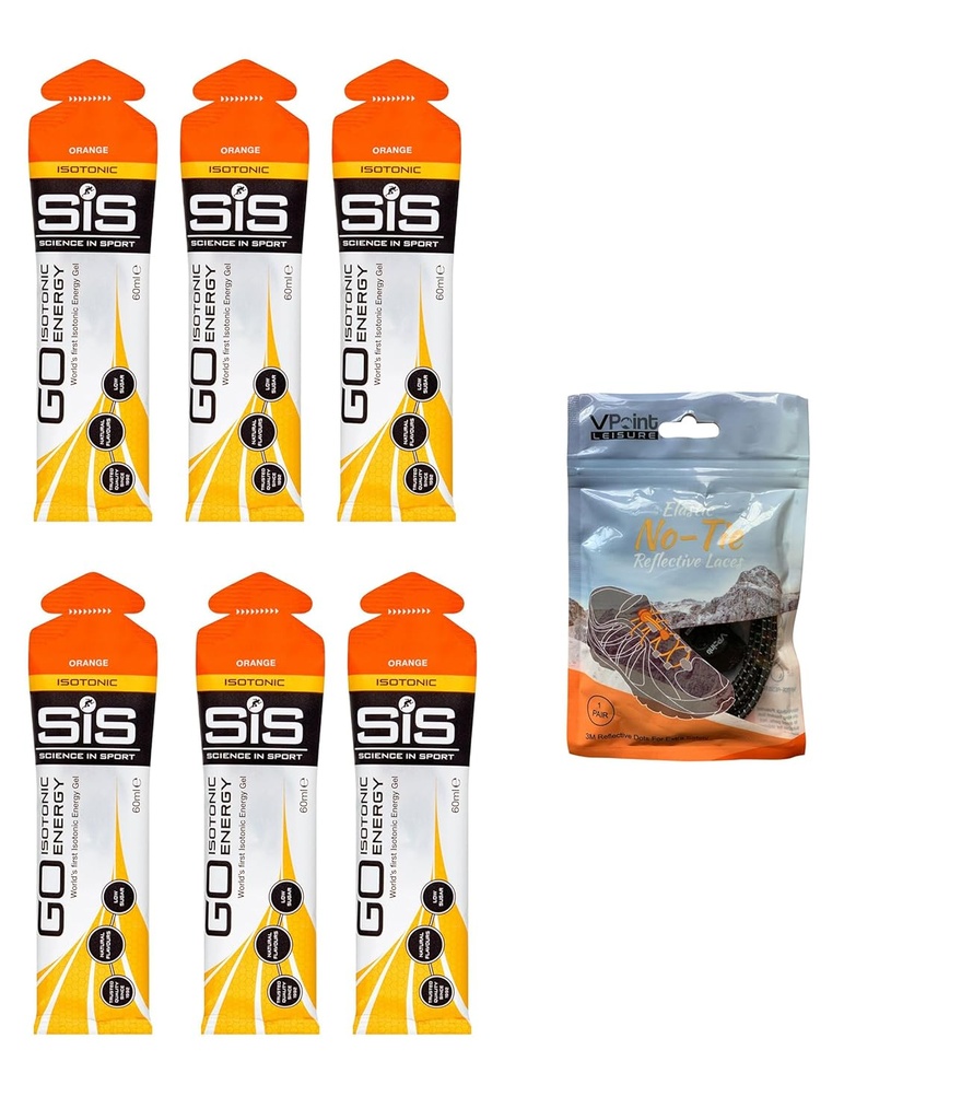 Science in Sport GO Isotonic Energy Gels - 6 x 60ml Packs Bundle cu Elastic No-Tie Shoe Laces. Vegan, Lactoză gratuit, Gluten gratuit, grâu liber, Nut Free, SOYA gratuit (Orange)