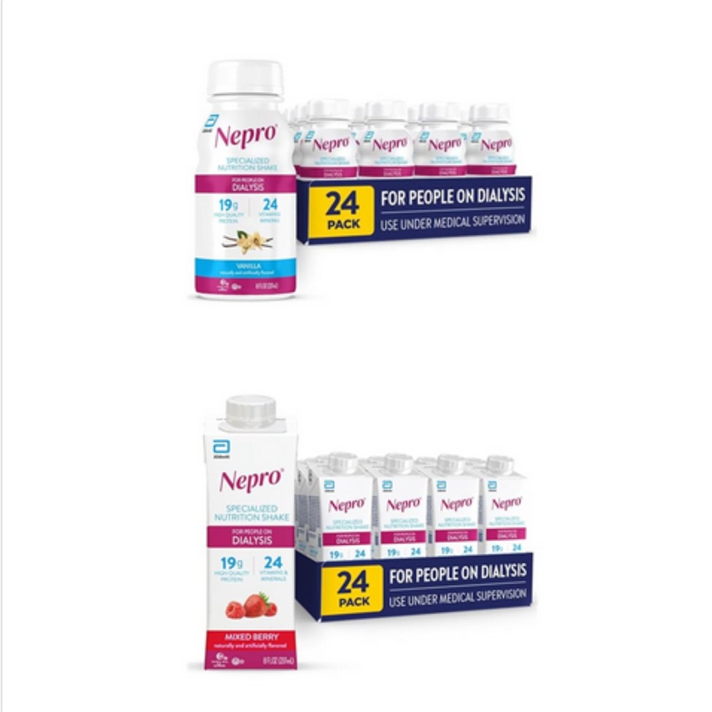 Nepro Nutriție Shake pentru persoanele aflate în dializă, Vanilla, 8 fl oz, (Pachet de 24) & Nepro Nutriție Shake pentru persoanele aflate în dializă, mixt Berry, 8 Fl Oz (Pachet de 24)