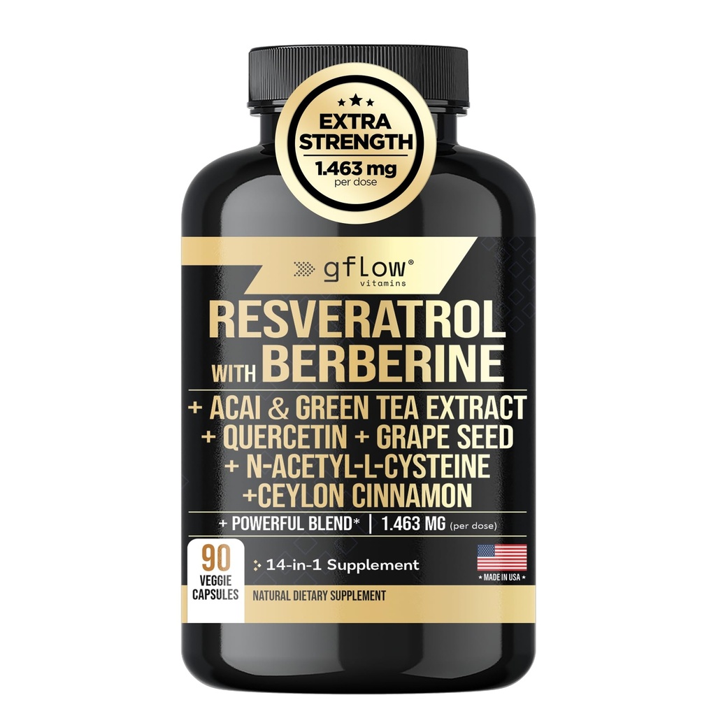 Resveratrol Supliment cu Berberine Ceai verde Extract, Ceylon Scorțișoară, Seminte de struguri & Querbetin1000mg Querbetin, N Acetil cisteină, Acai 