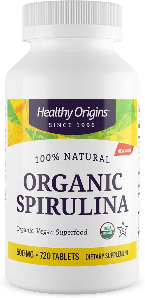 Origini sănătoase Spirulina organic 500 Mg (Organic Certified, Kosher Certified, Natural, Non-GMO, Gluten Free, Vegan Superfood), 720 comprimate