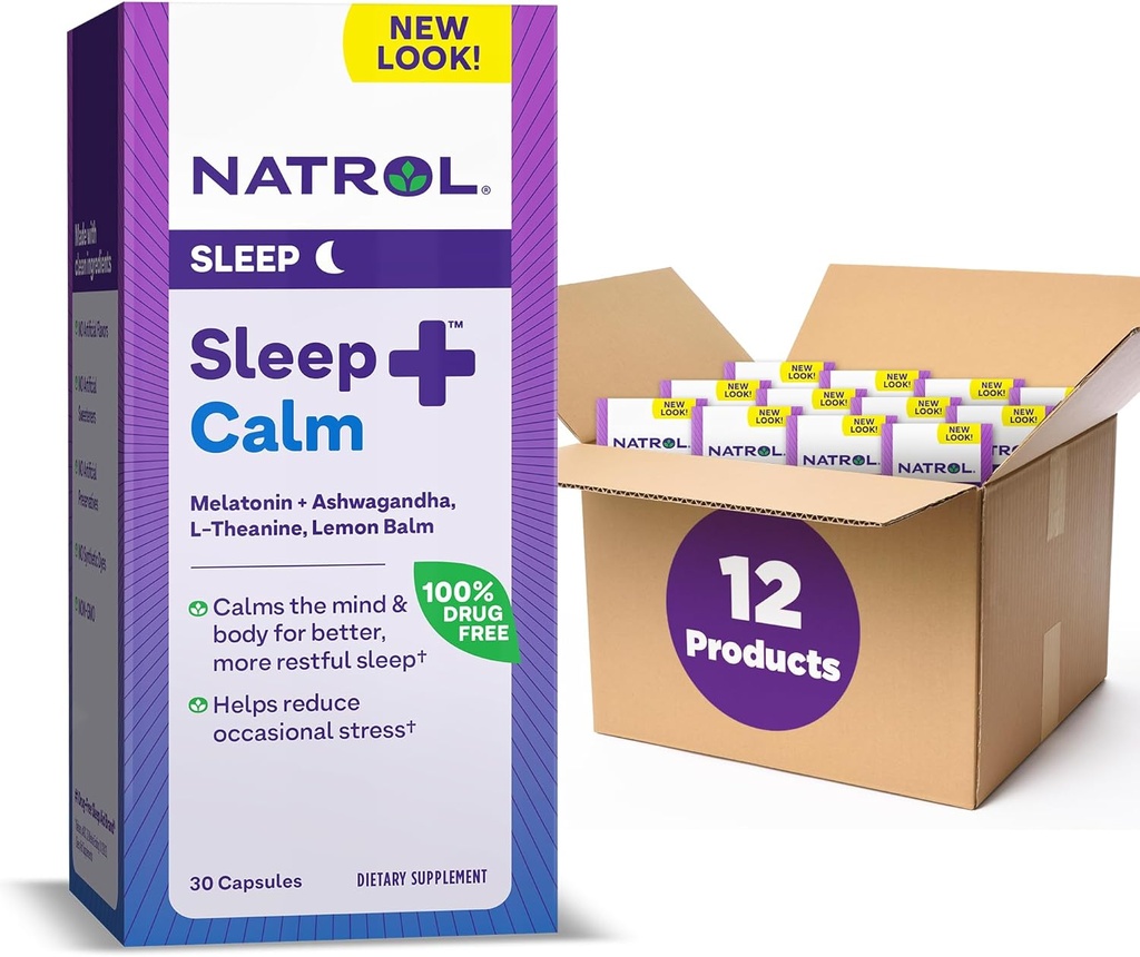 Natrol Sleep+ Calm Melatonin 6mg Cu Ashwagandha, L-Theanin și Lemon Balm, Supliment alimentar pentru somn odihnitor și calm mintea, 30 capsule, 30 zile de aprovizionare (Pachet de 12)