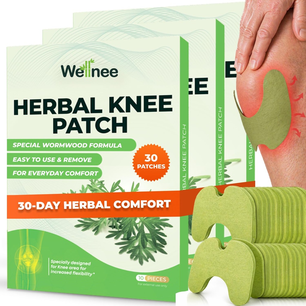 Wellnee Original Herbal Knee Patch - Wellknee Plaster pentru suport genunchi și dureri musculare - Putere maximă pentru un ajutor temporar - Petice de căldură adezive realizate cu plante naturale pentru Wellness (30 Pads)